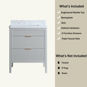 English Elm Fully Assembled 30'' Grey Freestanding Bathroom Vanity With Marble Top & Dual Handle Sets - Ready To Use! W1826P308972