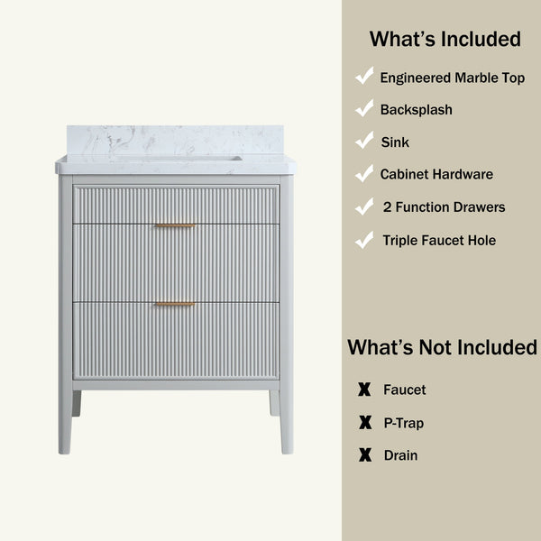 English Elm Fully Assembled 30'' Grey Freestanding Bathroom Vanity With Marble Top & Dual Handle Sets - Ready To Use! W1826P308972