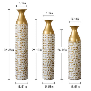English Elm Mother's Gilded White 3D Relief Flower Metal Vase Set - Elegant Tall Cylinder Décor Trio, Gold Embossed Finish W2796P277632