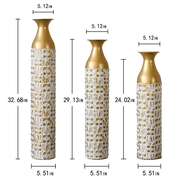 English Elm Mother's Gilded White 3D Relief Flower Metal Vase Set - Elegant Tall Cylinder Décor Trio, Gold Embossed Finish W2796P277632