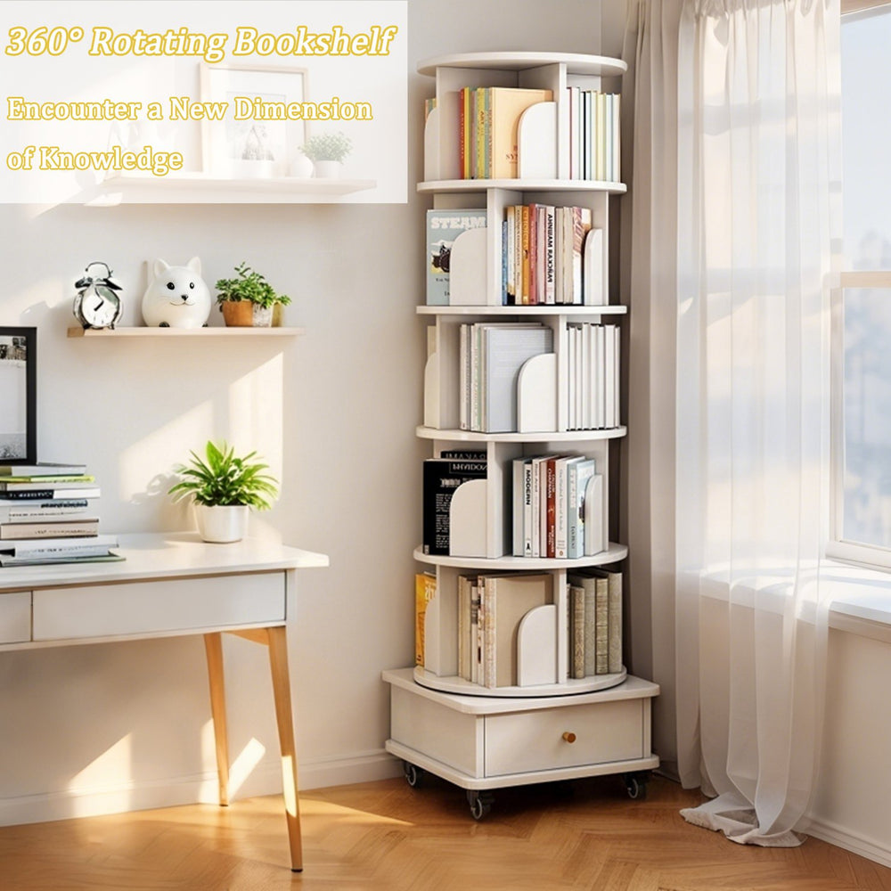 English Elm 6 Tier Rotating Bookshelf 360° Spinning Tower with Lockable Wheels, Drawer & Stable Base for Home Office White W3204P309485