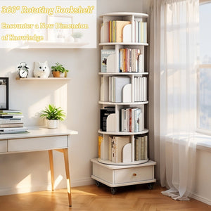 English Elm 6 Tier Rotating Bookshelf 360° Spinning Tower with Lockable Wheels, Drawer & Stable Base for Home Office White W3204P309485