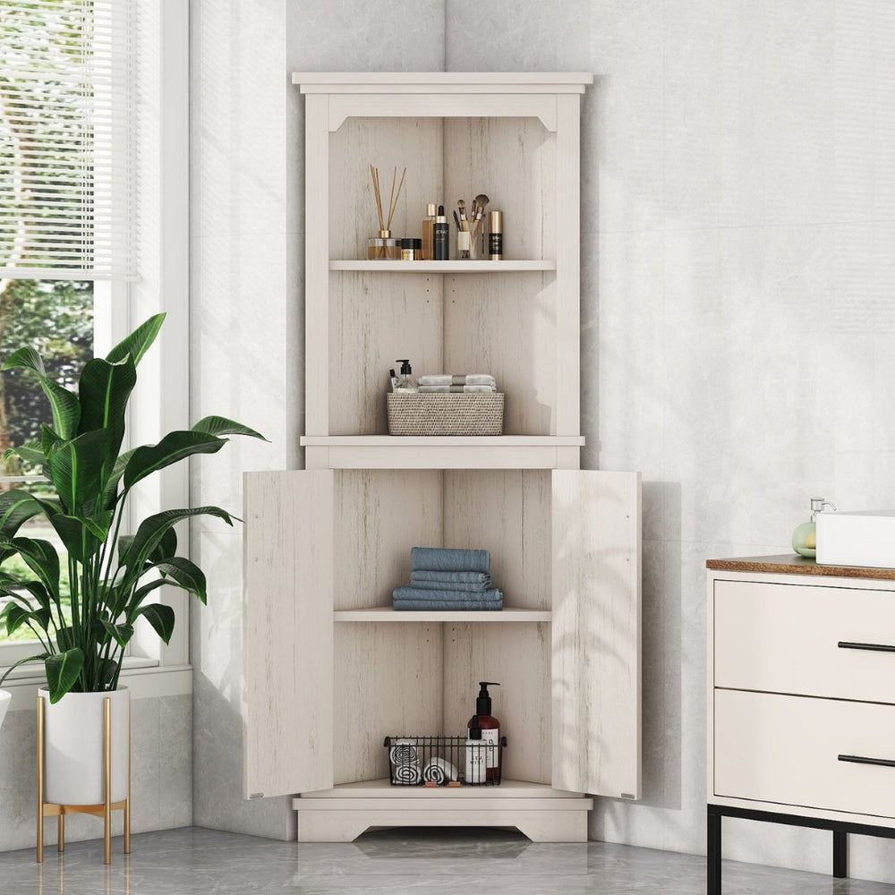 English Elm Tall Corner Cabinet with Open Shelves Enclosed Storage for Living or Dining Rooms W1580P425307