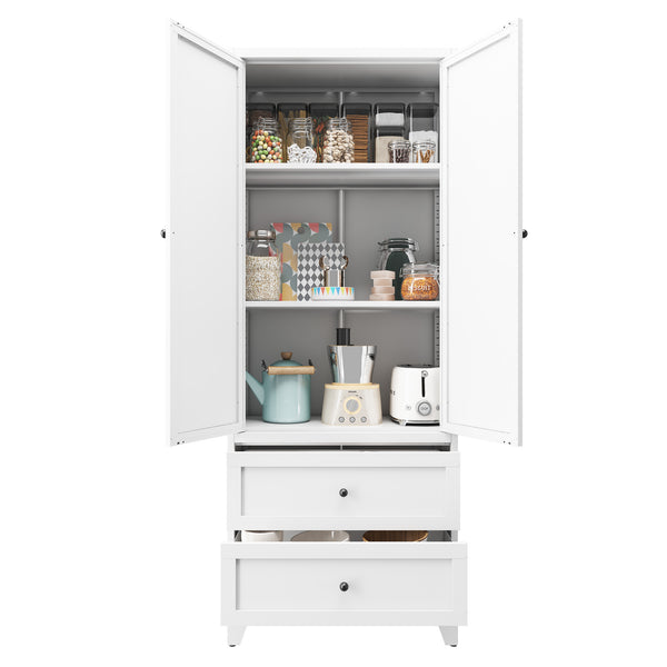 English Elm 72 White Steel Pantry Cabinet with 2 Drawers, Adjustable Shelves, Anti-Tip, Ventilated Durable Organizer T2398P350190