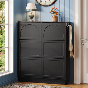 English Elm Modern Narrow Tipping Shoe Cabinet with 6 Flip Drawers, Slim 9.45" Space-Saving Cream Organizer with Hooks and Adjustable Shelves for Entryway (Fits 12–24 Pairs) Black N721P288699B