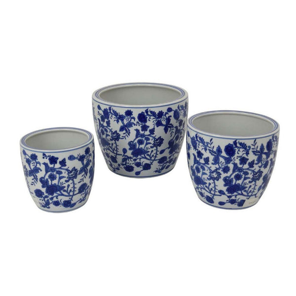 English Elm Garden Ceramic Planter Trio Hand Painted Floral Glazed Japanese Style Home Decor Set Blue And White Stripes B056P412620