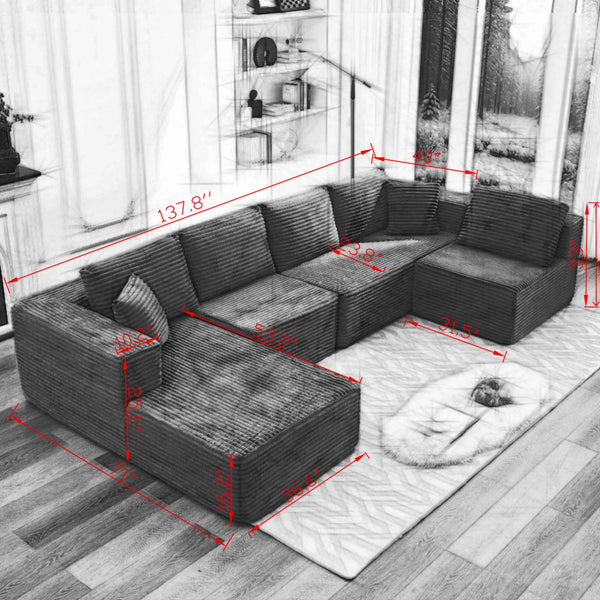 English Elm 106" Plush Corduroy Cloud Sectional Sofa with Right Chaise — Deep Seat, No Assembly, Modern Comfort W1143S00026 W1143S00026