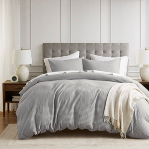 JLA Home Comfort Spaces - Waffle Waffle-Weave Textured Duvet Cover Set for All-Season Comfort, Breathable Softness, Durable Care Light Grey AM12-0045