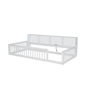 English Elm Wood Twin XL Floor Bed with Built-In Storage Cabinets, USB Charging Ports, Space-Saving Design White N709P205811K