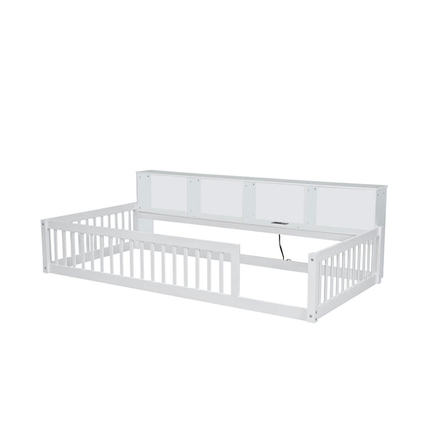 English Elm Wood Twin XL Floor Bed with Built-In Storage Cabinets, USB Charging Ports, Space-Saving Design White N709P205811K