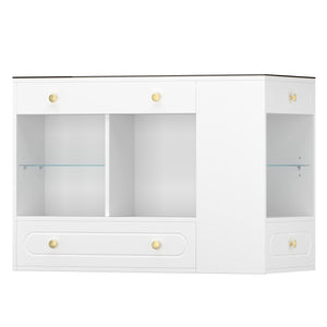 English Elm Closet Elegant walk-in island with glass display top, 6 drawers and open shelves for organized storage White 39.76 L x 17.32 W x 12.2 H N733S304513K