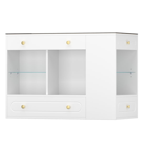 English Elm Closet Elegant walk-in island with glass display top, 6 drawers and open shelves for organized storage White 39.76 L x 17.32 W x 12.2 H N733S304513K