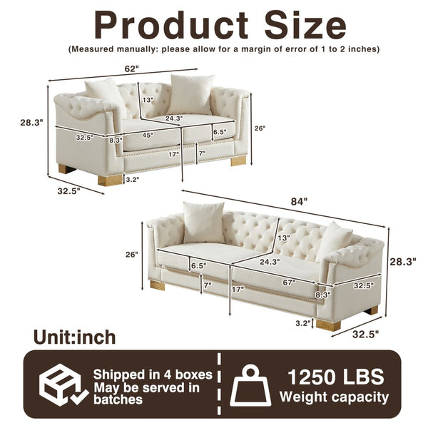 English Elm 3-seater and 2-seater Chesterfield Velvet Sofa Set with Tufted Back Gold Stud Trim Beige W1926S00102
