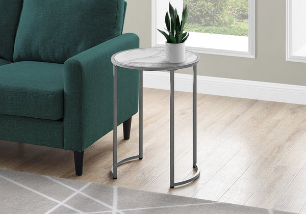 English Elm Accent Table - Elegant Round Design With White Marble Look And Grey Metal Base For Modern Spaces B2710P218983