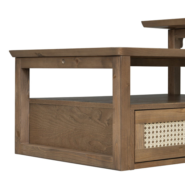 English Elm VIBE Rustic Rattan Coffee Table with 2 Tabletops, Adjustable Shelf and Spacious Drawer for Living Room Dark Brown N724P232190D