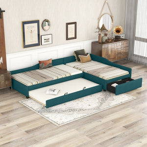 English Elm Upholstered Twin Daybed with Pull Out Trundle Linen Blend Sofa Style Studio Bed Green GX001316AAF