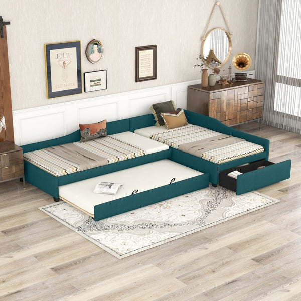 English Elm Upholstered Twin Daybed with Pull Out Trundle Linen Blend Sofa Style Studio Bed Green GX001316AAF