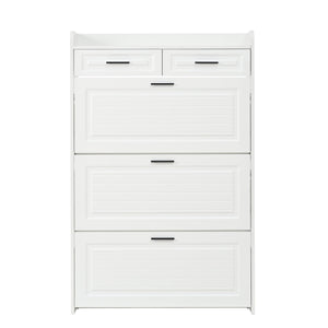 English Elm Two drawer three-fold shoe cabinet with ample vertical shelving, smooth finish, compact entryway storage White W3871P368975