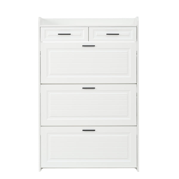 English Elm Two drawer three-fold shoe cabinet with ample vertical shelving, smooth finish, compact entryway storage White W3871P368975