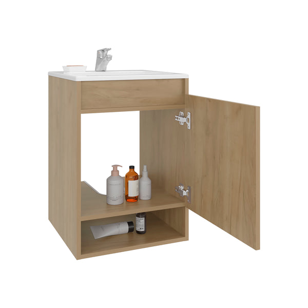 English Elm Nissi Oak Floating Bathroom Vanity 18" Wall-Mounted Compact Resin Sink Soft-Close Cabinet Durable Finish B070S00387