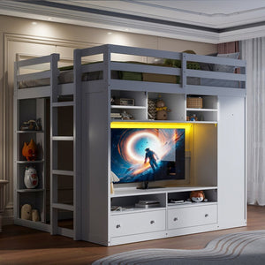 English Elm Full Size Loft Bed with Led Lighting Wardrobe Drawers and Shelves for Teen Rooms White LT000499AAK