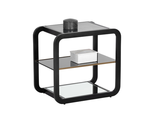 Sunpan Ambretta Side Table - Modern Elegance with Smoked Glass, Black Stainless Steel Frame & Mirror Shelf