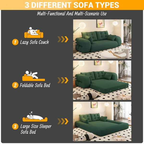 English Elm Human 78.7" Multi-Functional Foldable Sofa Bed – 3-in-1 Teddy Foam Sleeper, Removable Cushions, 2-Seater Guest Lounge Green W1885P277276