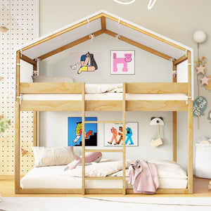 English Elm Twin Over Kids Bunk Bed with Tent Canopy Farmhouse Pinewood Playroom Frame Natural N708P248523M