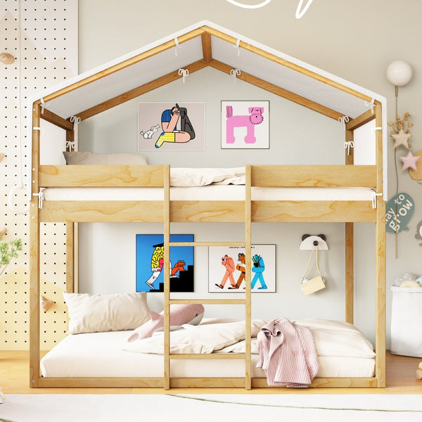English Elm Twin Over Kids Bunk Bed with Tent Canopy Farmhouse Pinewood Playroom Frame Natural N708P248523M