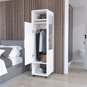 English Elm Cluster 63" Tall Wardrobe with Mirror, Shelves, Casters & Hanging Rod for Compact Room Organization White 42.2 L x 23.3 W x 6 H B200P240238