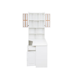 English Elm L-Shaped Corner Computer Desk with Hutch, Drawer & Shelves for Spacious Home Office Organization White W331S00169