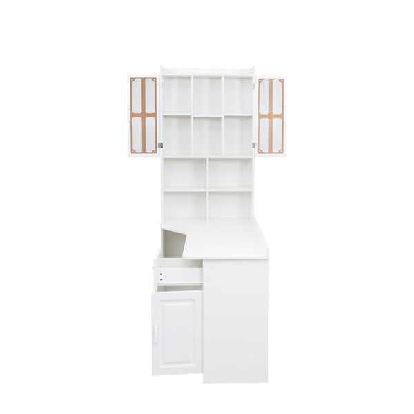 English Elm L-Shaped Corner Computer Desk with Hutch, Drawer & Shelves for Spacious Home Office Organization White W331S00169