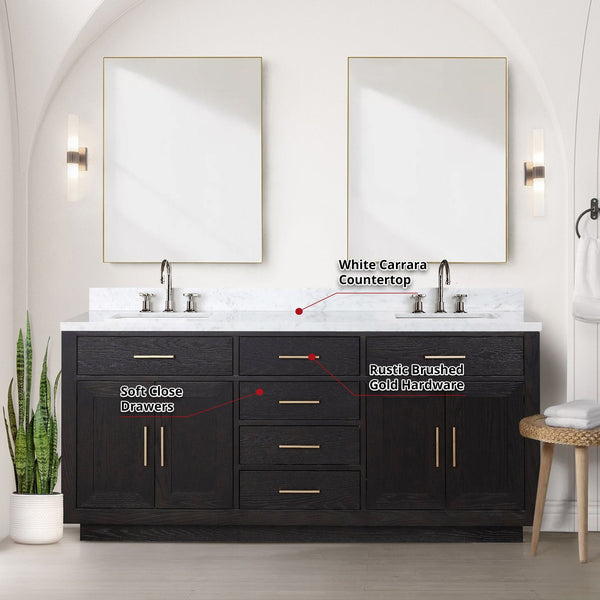 English Elm Black Oak Double Bath Vanity 72" W With Carrara Marble Top, Chrome Faucets & 34" Mirrors Included B2731S02175