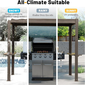 English Elm 8x5 Outdoor Hardtop Louvered Pergola Steel Grill Shelter with Gutter and Adjustable Roof Brown W1859S00177