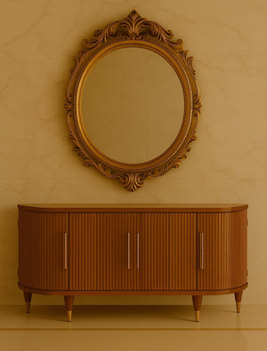 English Elm Solid Wood Ravello Curved Sideboard - Elegant 4-Door Design In Amber Oak For Chic Storage Solutions B182P372148-GIGA