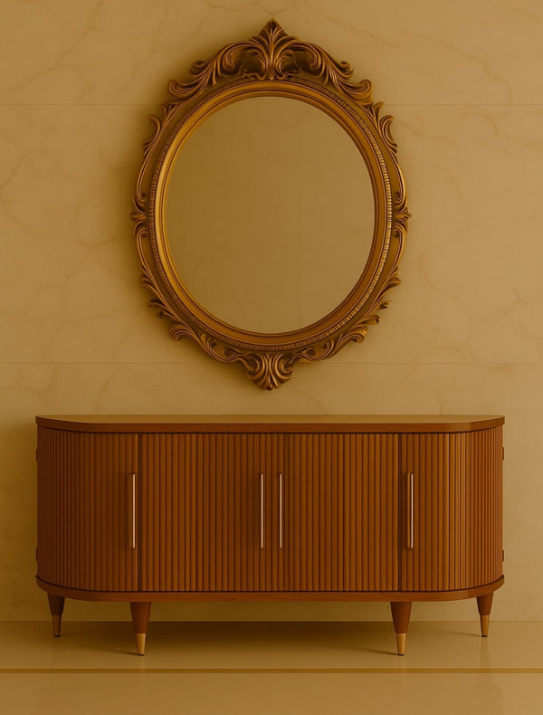 English Elm Solid Wood Ravello Curved Sideboard - Elegant 4-Door Design In Amber Oak For Chic Storage Solutions B182P372148-GIGA