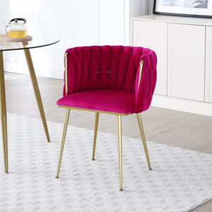 English Elm Modern Velvet Dining Chairs Set of 2 - Upholstered Woven Backrest, Arc Design, Gold Metal Legs for Dining Room, Kitchen, Vanity, Living Space W1117P145347