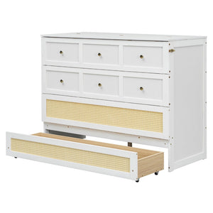 English Elm Full Size Murphy Wall Bed Cabinet with Rattan Panel Detailing and Storage Drawers White N708P336203K