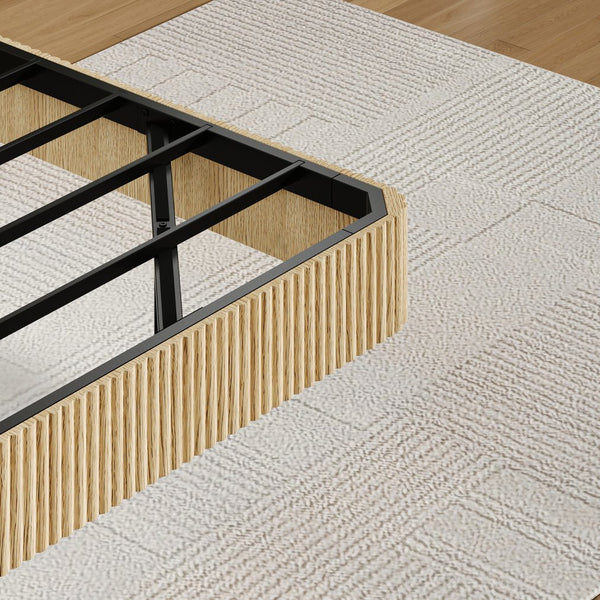 English Elm Oak Queen Floating Bed Frame with LED Accent, Wave Curve Oak Texture, Heavy-Duty Metal Slats, 1000LB Capacity W1820P333575