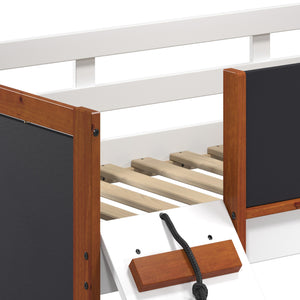 English Elm Cherry Cherry Oak and White Twin Loft Bed with Slide, Left Ladder, Blackboard Panels, 13-Slat Support B062S00462