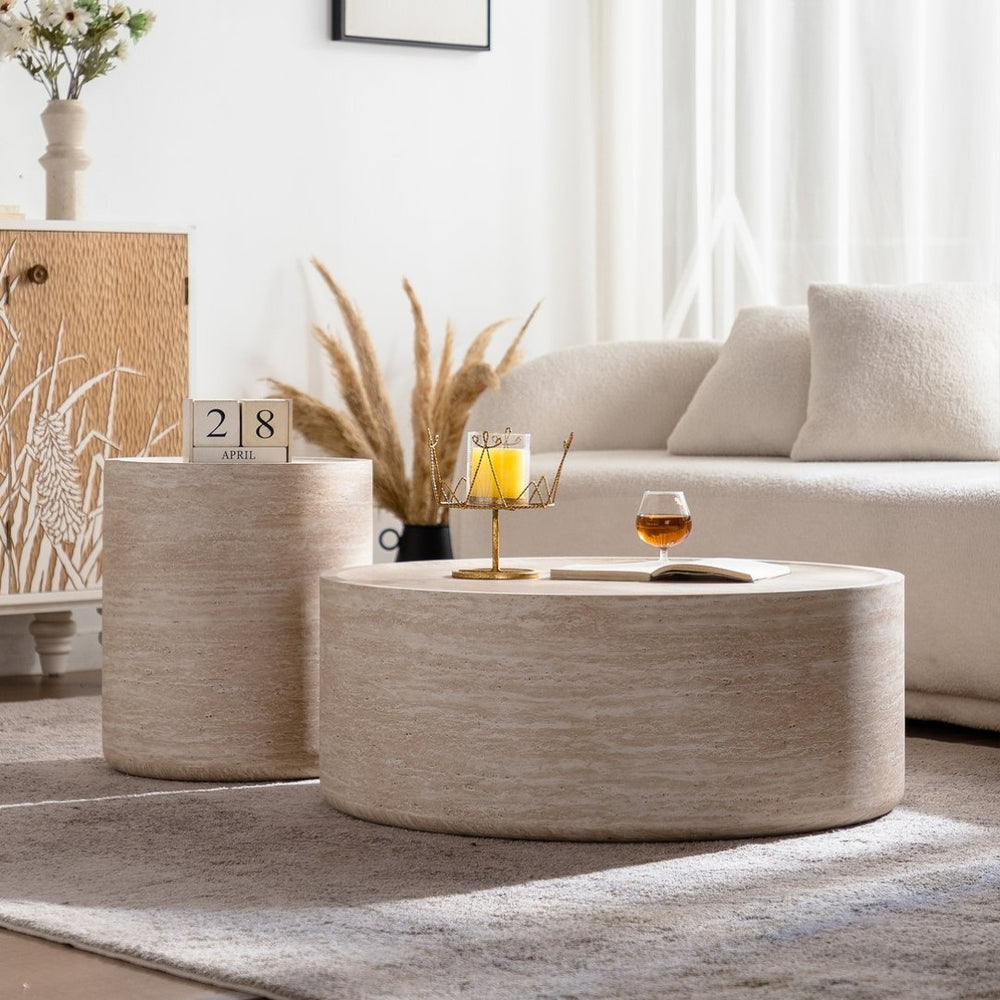 English Elm 39.37" Round Drum Coffee Table with Bold Mars Stone Print for Modern Living Rooms W3081P394201