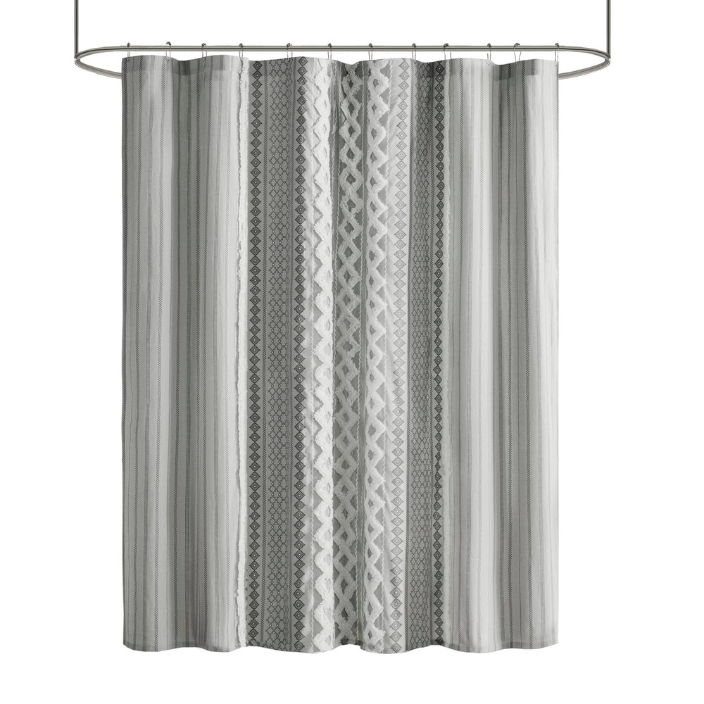 JLA Home INK+IVY - Cotton Imani Aztec Printed Shower Curtain with Chenille Stripe Trim — Boho Texture, OEKO‑TEX Certified Comfort Gray II70-1123