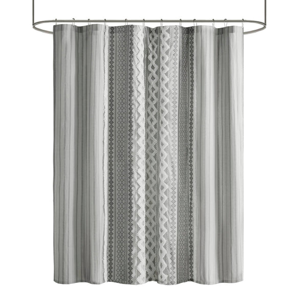 JLA Home INK+IVY - Cotton Imani Aztec Printed Shower Curtain with Chenille Stripe Trim — Boho Texture, OEKO‑TEX Certified Comfort Gray II70-1123