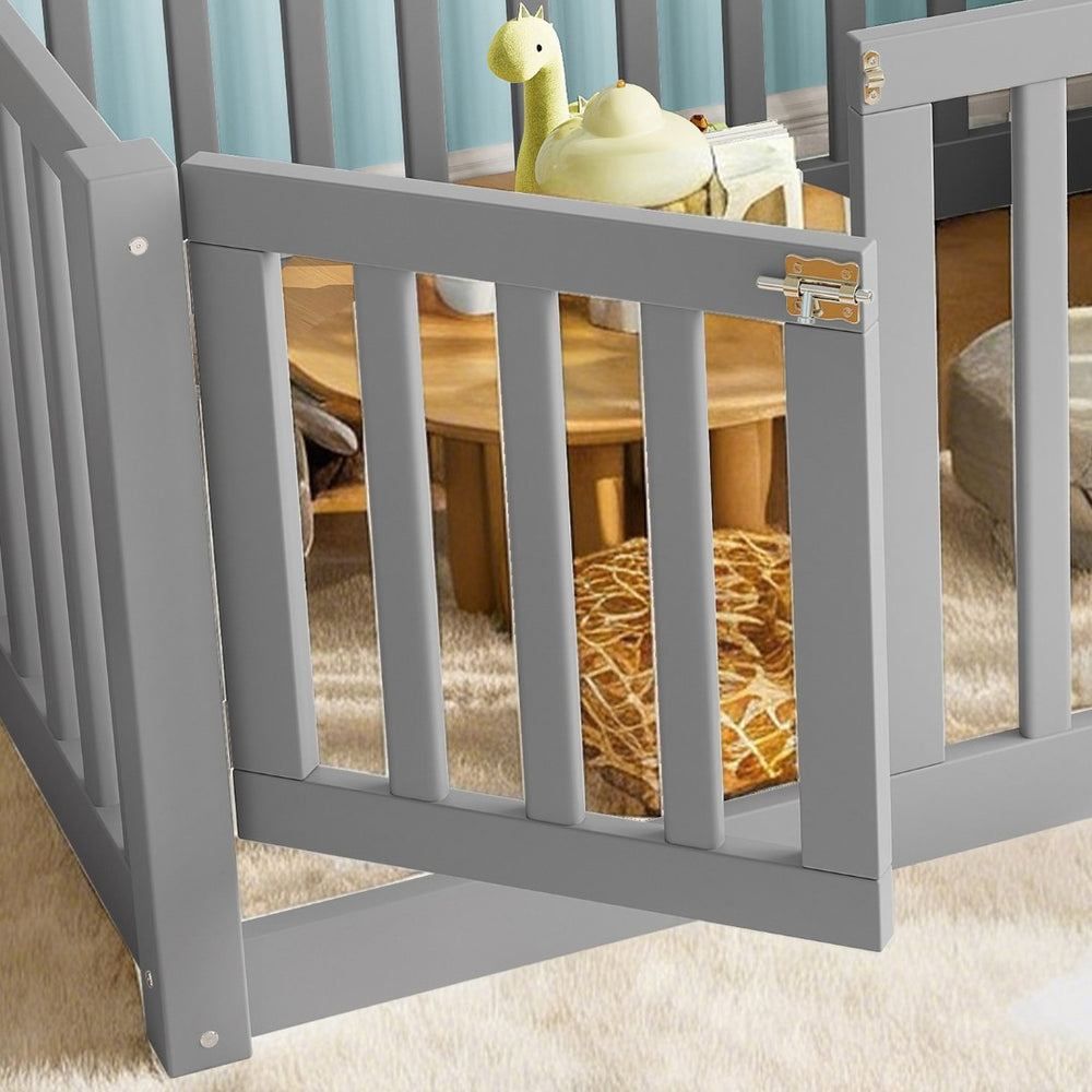 English Elm Twin Floor Bed Pine Wood Frame with Guardrails and Door for Safe Toddler Sleep Gray W1580P418051