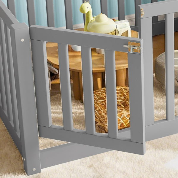 English Elm Twin Floor Bed Pine Wood Frame with Guardrails and Door for Safe Toddler Sleep Gray W1580P418051