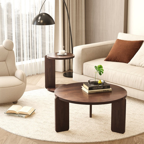 English Elm 32.68 Inch Black Oak Veneer Nesting Round Coffee Table Set for Modern Living Rooms W2899P435700