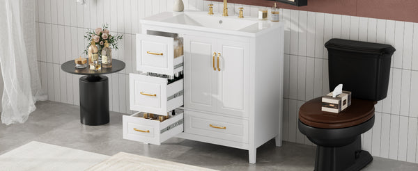 English Elm Christopher Knight Home® - 36" Freestanding Bathroom Vanity with Resin Sink, Soft-Close Doors & Drawers, Gold Alloy Handles, Spacious Storage and Easy Plumbing Access White N759P292552K