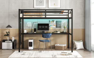 English Elm Metal Twin XL Loft Bed with Desk, LED Smart Light & Front Power Outlet, Space-Saving Black Design W1580P251090