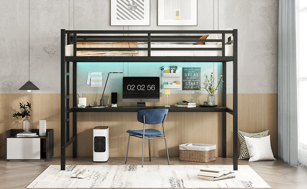 English Elm Metal Twin Xl Loft Bed With Built-In Desk, Power Outlet & Led Lights - Space-Saving Design! W1580P368410