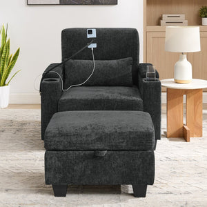 English Elm Single Chenille Manual Recliner with Usb Port Hidden Storage Ottoman and Cup Holders Black W487P423649
